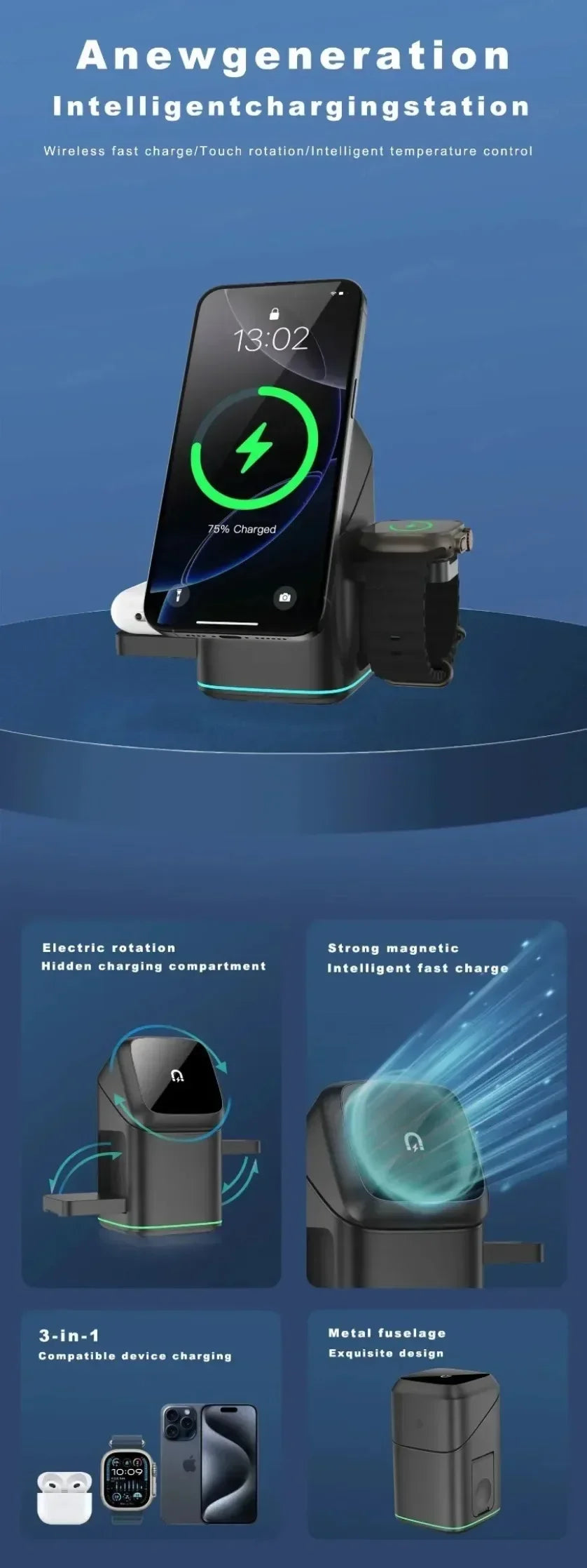 3-in-1 Foldable Touch-Controlled Wireless Charging Stand